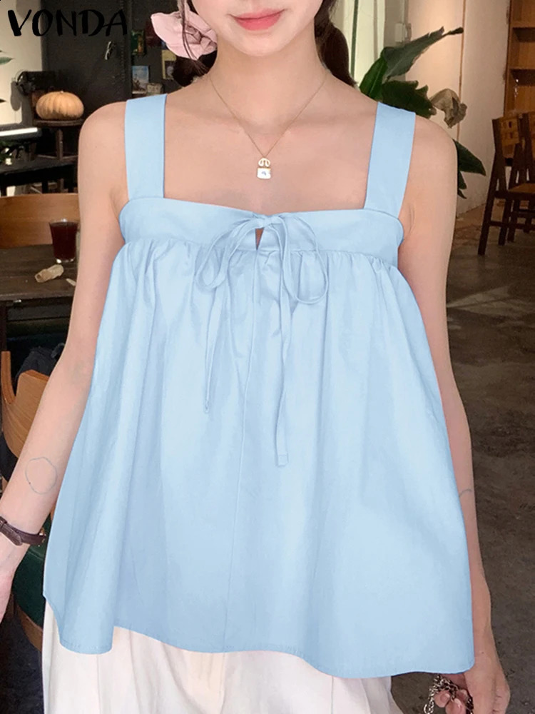 Summer Womens Tank Top VONDA Sexy Belt Sleeveless Tank Top Casual T-shirt Solid Color Loose Tank Top 250314
