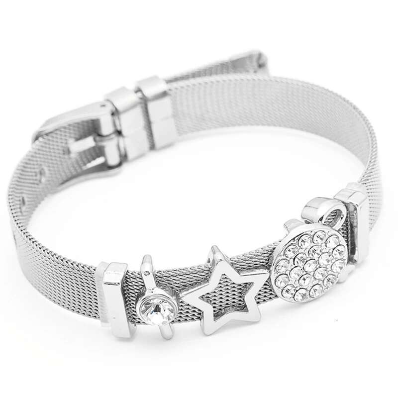 Jewelry Silver Color Stainless Steel Mesh Bracelets Bangles with Love Heart Slide Charms Bracelets for Women Lover Gift