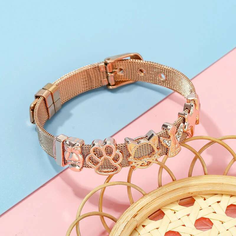 Stainless Steel Watch Belt Mesh Bracelet Micro Pave CZ Crystal Fairy Fox Charm Bracelet For Women Men Party Wedding Jewelry Gift