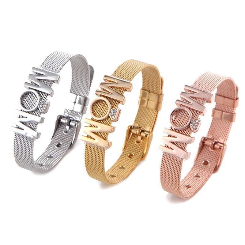 Fashion Ladies Stainless Steel Mesh Bracelets Crystal MoM Charms Fine Bracelet Adjustable Bracelet for Mother's Day Gifts