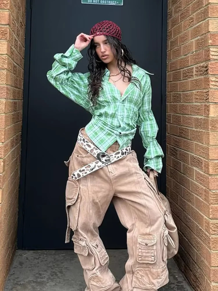 Womens solid pleated collar shirt casual single chest long sleeved loose spring womens high street top 250318