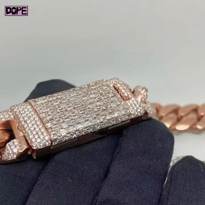 Hiphop Miami Cuban Link Chain 925 Sterling Silver Iced Out 20mm Gold Plated Baguette Moissanite Cuban Chain