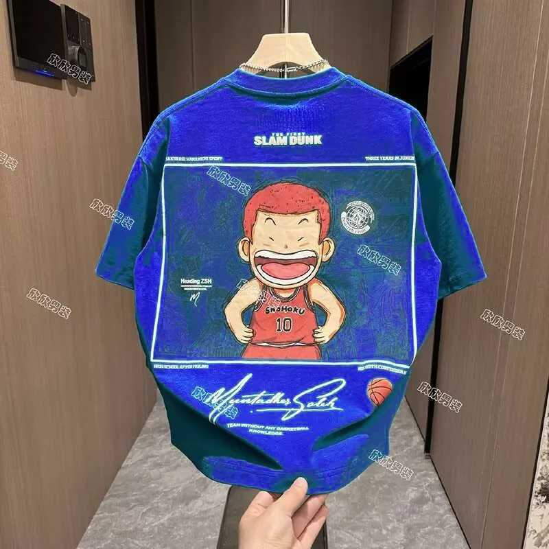 ((M-8XL) Mens oversized T-shirt casual loose Japanese anime dunk printed T-shirt suitable for menT250318
