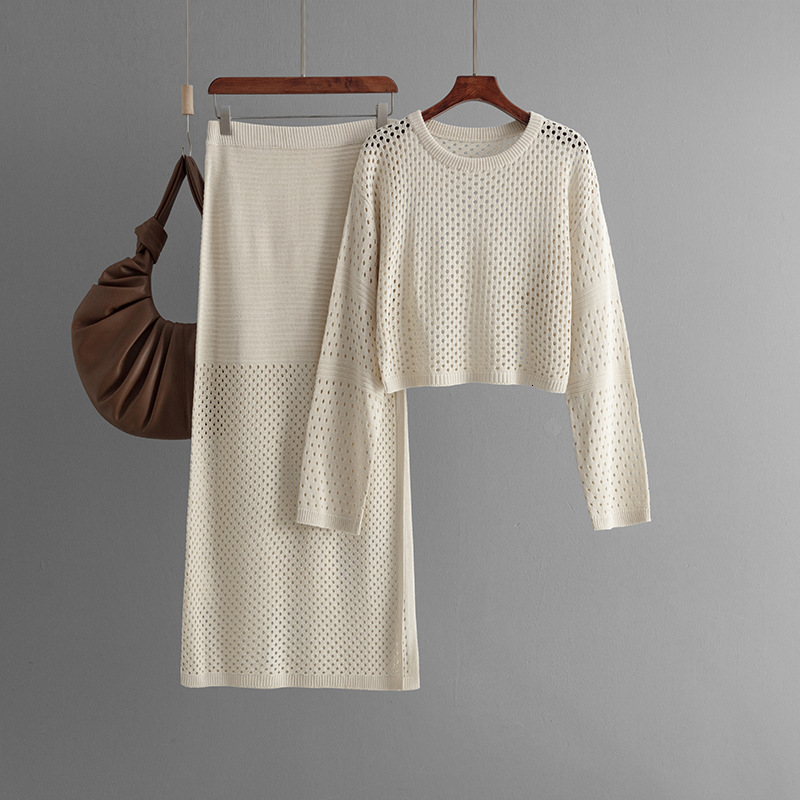 Women's 2024 new summer hollow knitted sweater long skirt fashion two-piece dress set