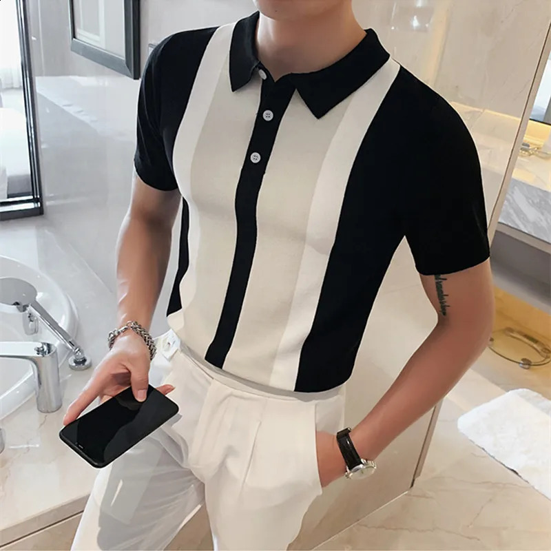 Contrast Knitted Striped Polo Shirt British Mens Fashion Short sleeved Polo Shirt Camisa Masculina Polo Playera Hombre S-3XL 250318