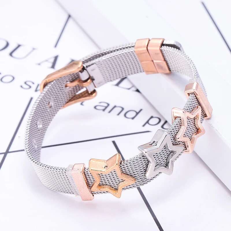 Jewelry Rose Gold Color Mesh Keeper Bracelets With Crystal Star Slide Charms Bracelets for Women Corple Gift