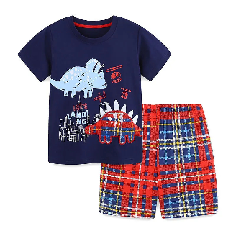 Summer 2025 Kids Boys 2PCS Clothes Set Cotton Cartoon Printed Short Sleeve T-shirts Plaid Shorts Suit Toddler Boys Outfits 250319