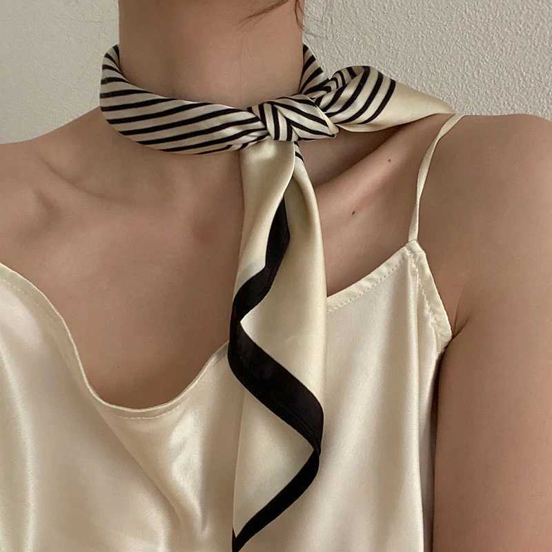 Dolphin Wen Retro Sunscreen Small Silk Scarf 55x55cm Beige Strip Chiffon bands Bandana Bag Ribbon Neckerchief Hijab X250319