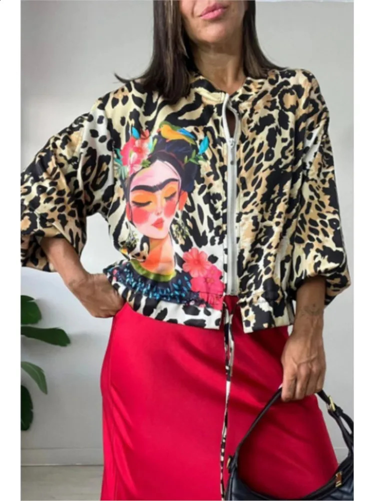 Retro womens leopard print jacket long sleeved zipper jacket O-neck spring/summer womens casual jacket 250317