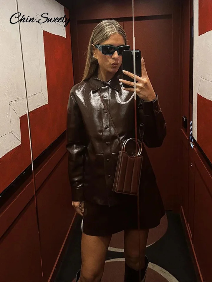 Casual Leather Jacket Skirt Set for Women 2 Pieces Lapel Single Breasted Top Mini Skirts Autumn Lady Y2k All-matching Outfits 250319