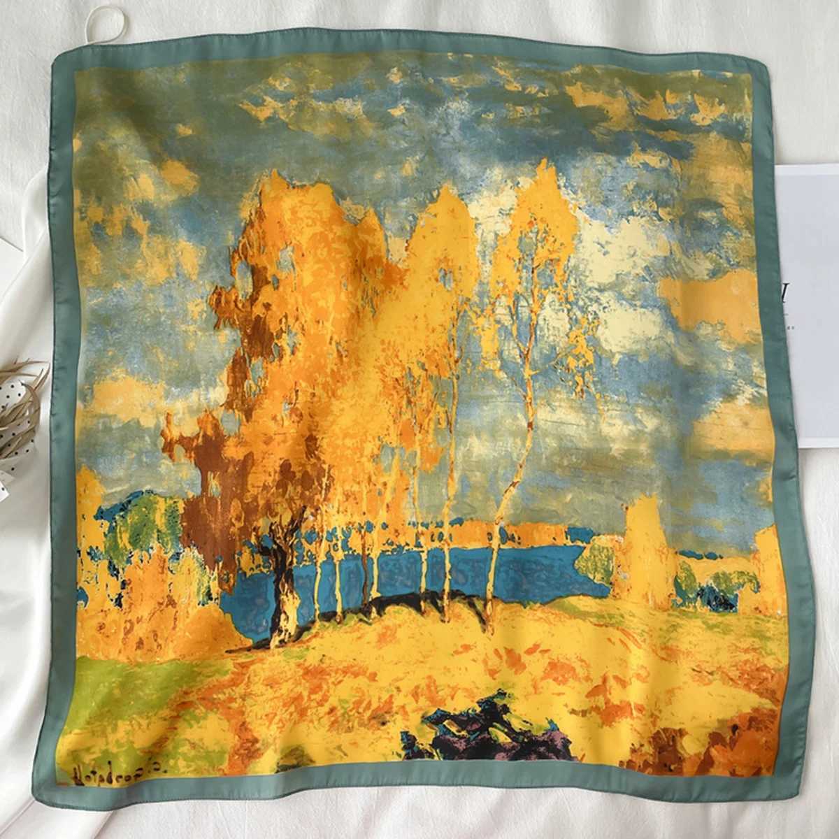 Tree oil printing collar classic silk like square scarf breathable bandage packaging hair accessories X250319