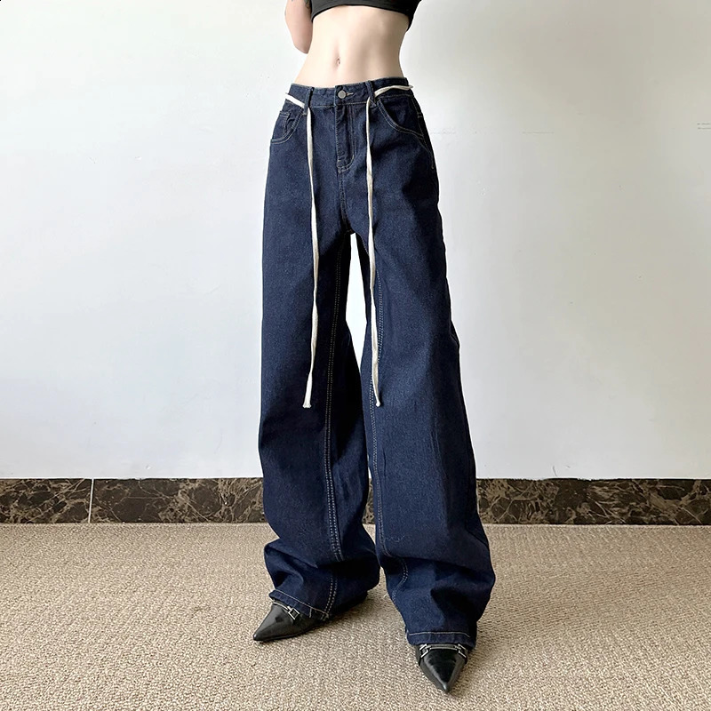 HEYounMIRL Fashion Waist Rope Basic Korean Bag Jeans Deep Blue Loose Suitable for Wide Leg Pants Harajuku Retro Cowboy Street 250317