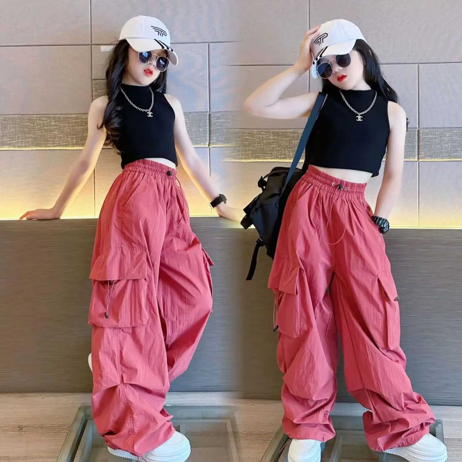 5-14Y childrens hip-hop jogging pants girls cargo pants teenagers straight three person high waist retro casual street bag pantsT250318
