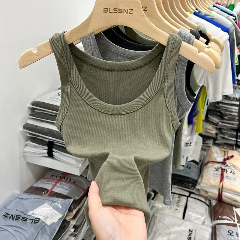2025 solid color basic rib knitted vest womens summer retro sleeveless Camis girls street clothing soft Tshirt 250319