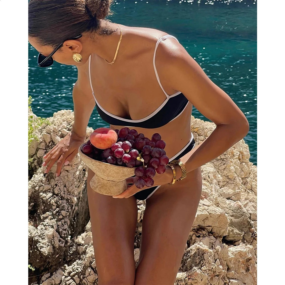 Sexy Black White Micro Bikini Women Bandeau Padded Thong Swimsuit Female Cut Out Bathing Suit Swimwear Biquini swim 250319