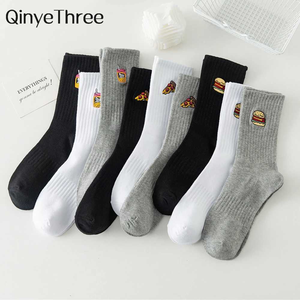 Warm Winter New Funny Embroidery Hamburger Pizza Pattern White Black Gray Casual Hipster Thick Socks Christmas Gift Dropship X250319