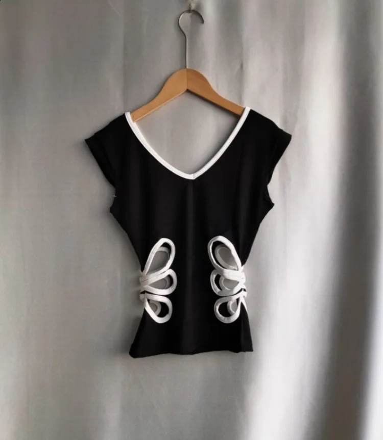 Vintage Hollow Out V Neck Backless Tees Women Summer Grunge Casual Female Tanks Patchwork Contrast Color Crop Top Y2k Aesthetic 250319