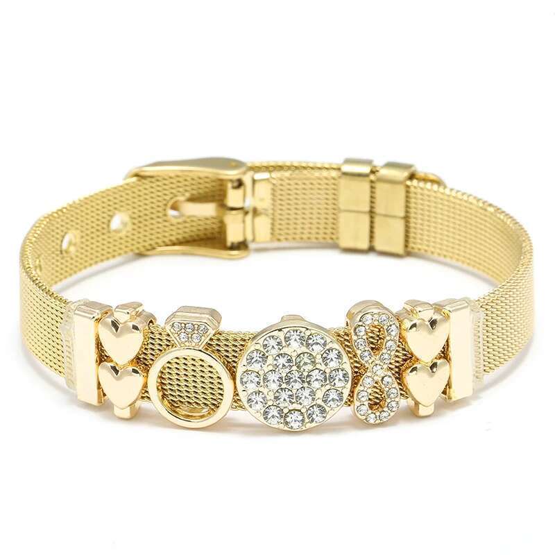 Silver Color Stainless Steel Mesh Bracelets Original DIY Crystal Crown Heart Beads Keeper Bracelets For Women Men Jewelry Gift