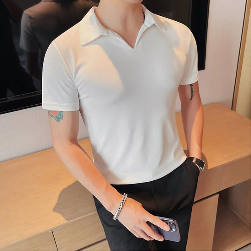 Summer mens jacquard knitted V-neck short sleeved polo shirt casual breathable fashionable high-quality knitted S-3XL 250318