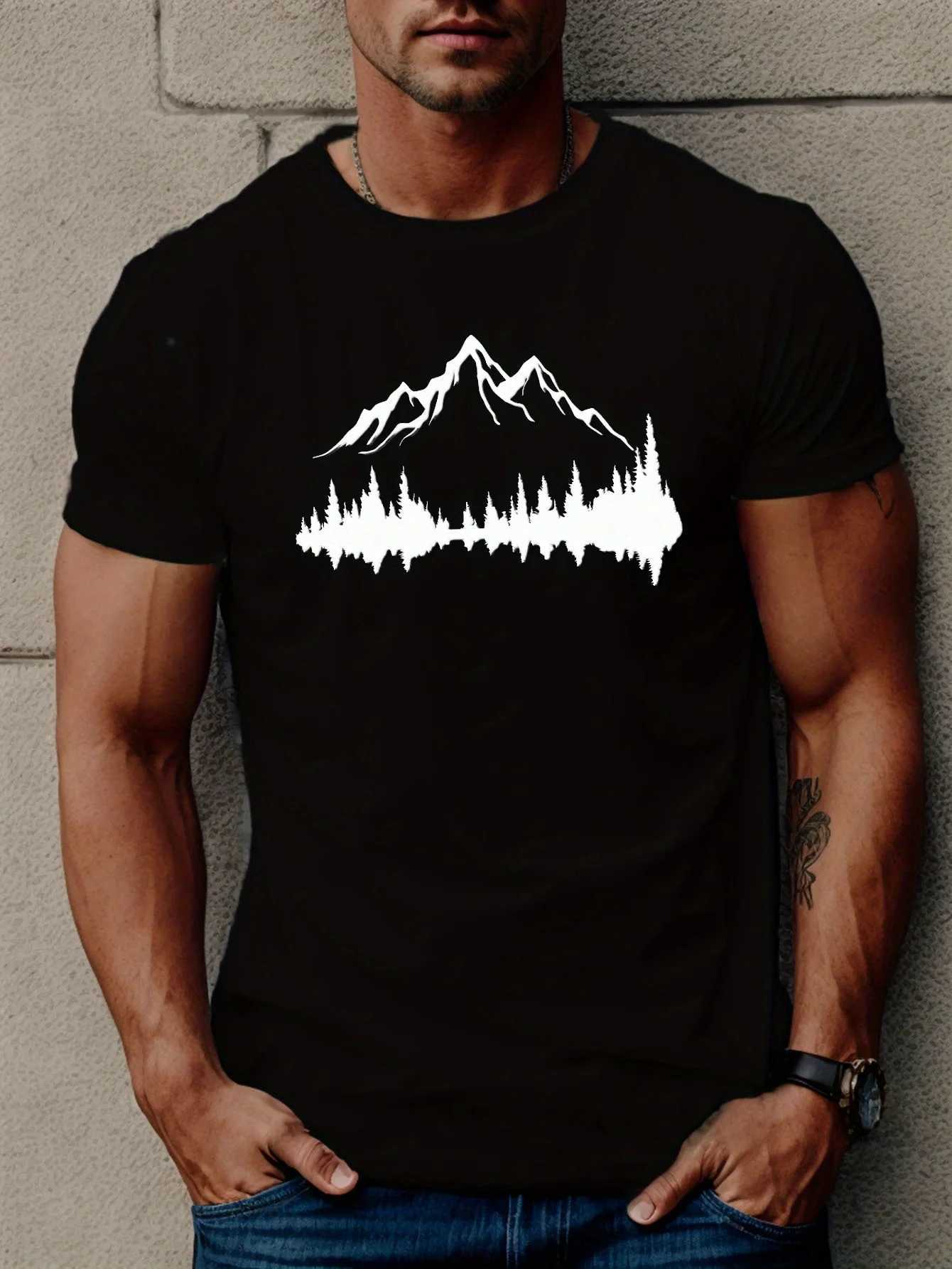 Summer Mens 100% Cotton Casual Loose Large Size Mountains And Trees Printed Sports Comfortable Round Neck Short Sleeve T-shirtT250318