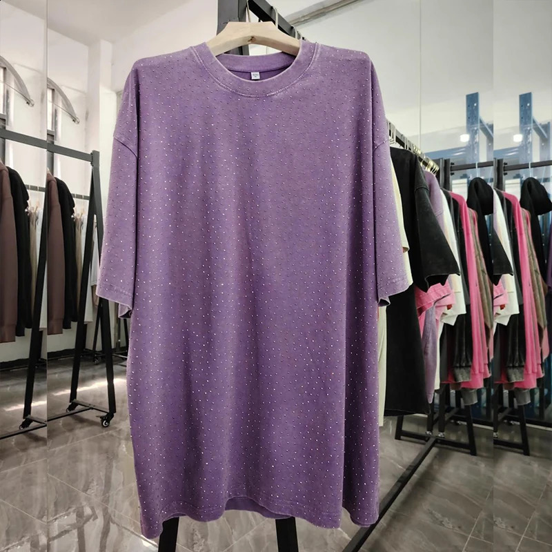 Full Printed Rhinestone T-Shirt Oversize 100% Cotton Retro T Shirt Adult Unisex Vintage Washed TShirt Short Sleeve Streetwear T 250318