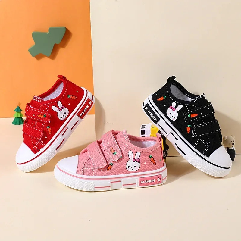 Children Fashion Canvas Sneakers Kids Adorable Rabbit Cartoon Prints Board Shoes Hook and Loop Flat Sole Non Slip Shoes 250319
