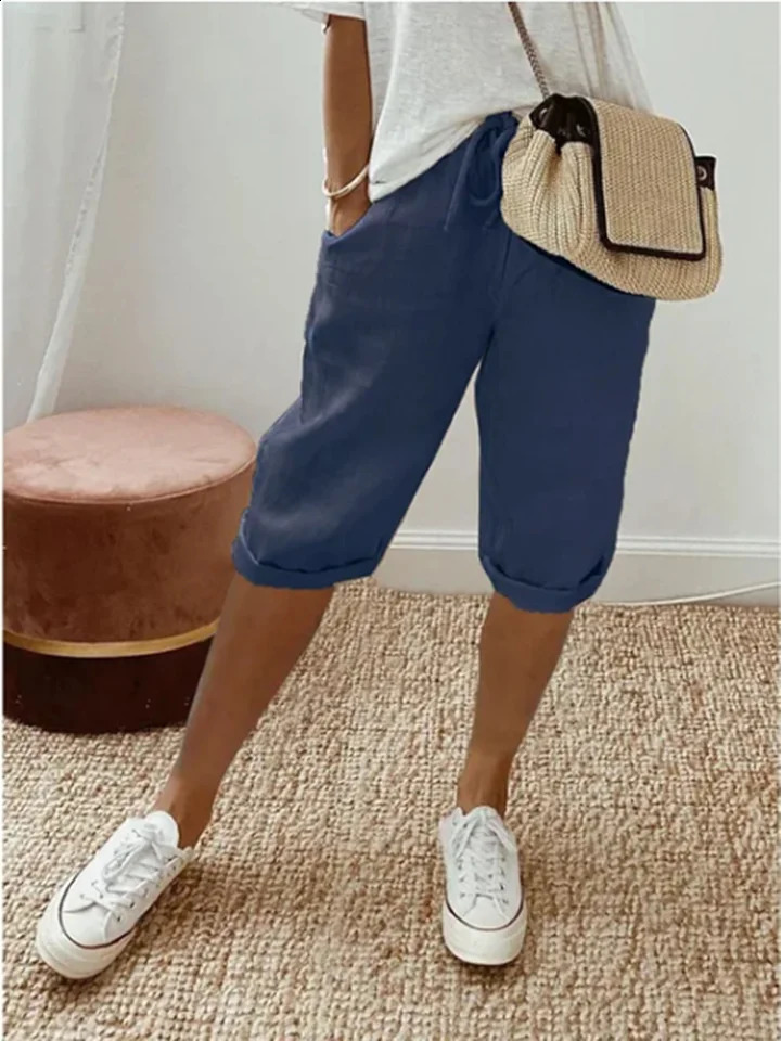 Summer Middle Pants Womens Solid Color Pocket Elastic Shorts Casual Fashion Sports Shorts Cotton Beach Shorts 250319
