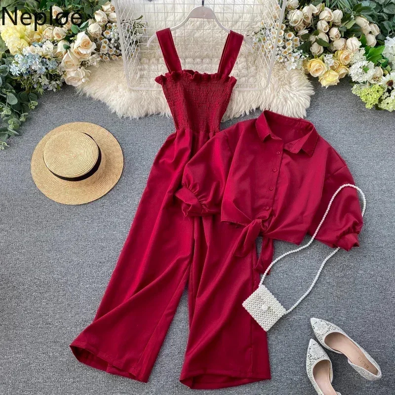 Neploe Summer Holiday 2 Pcs Women Set Sexy Slim Waist Pleat Wide Leg Jumpsuit Turn Down Collar Short Sleeve Shirt Suit 250319