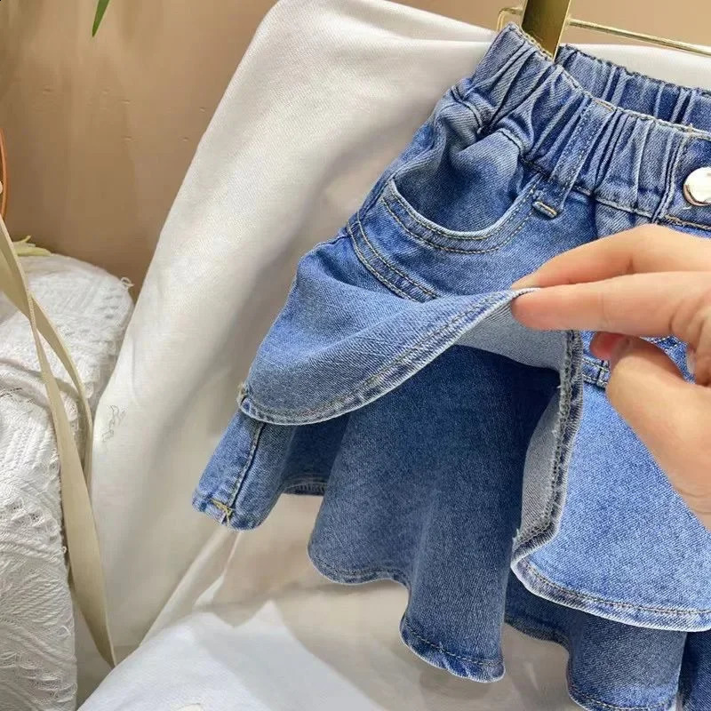 Little Girl Denim Skirt Mini Flared Pleated Toddler Denim Short Skirt Lined with Shorts 250319