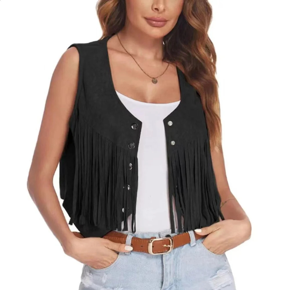 Womens summer retro trend loose tassel vest short jacket ethnic casual metal button coat fully matched elegant sleeveless top 250319