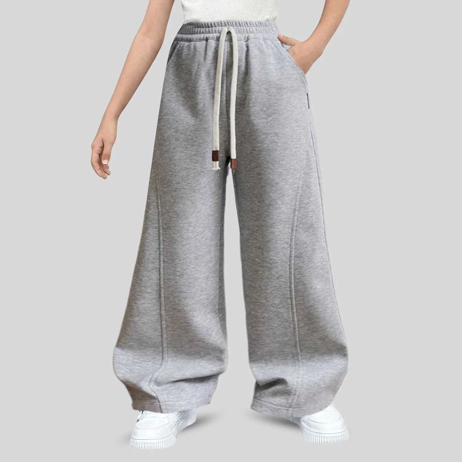 Girls straight sports pants sewn high waisted loose jogging pants with pockets girls sparkling pantsT250318