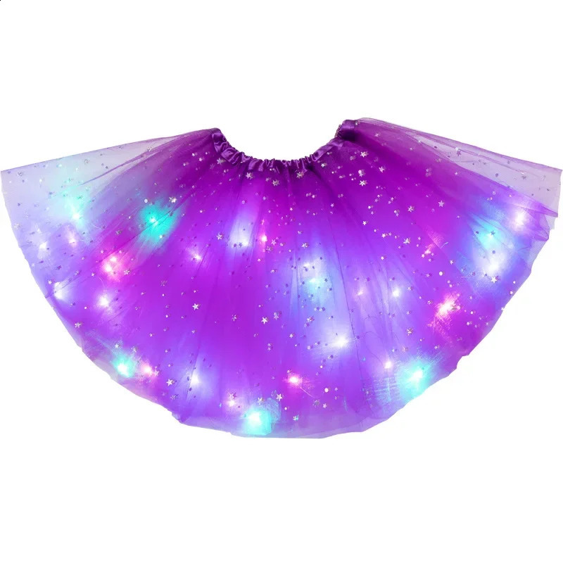 LED Glowing Light Girls Tulle Star Short Tutu Skirt Children Fancy Ballet Dancewear Party Costume Ball Gown Mini Skirt 250319