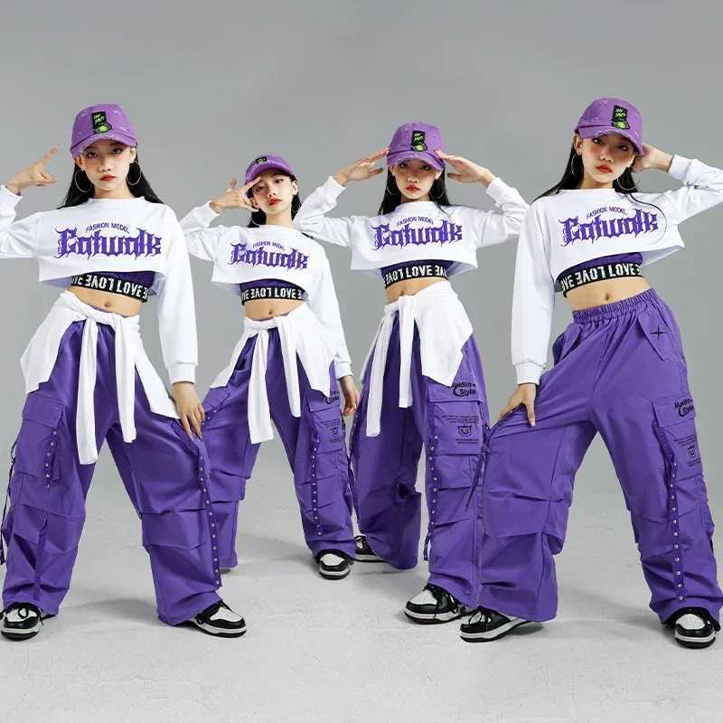 Hip Hop Girls Fashion K-pop Crop Top Purple Cargo Pants Children Street Dance Outfits Kids Streetwear Group Jazz Clothes SetsT250318