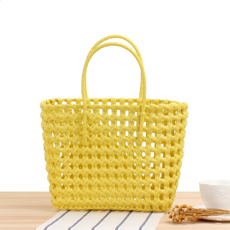 Womens PVC Candy Color Woven Handbag Causal Tote Bags Fashion Large Capacity Vegetable Basket Bag Plastic Hnadle Beach Bag 250314