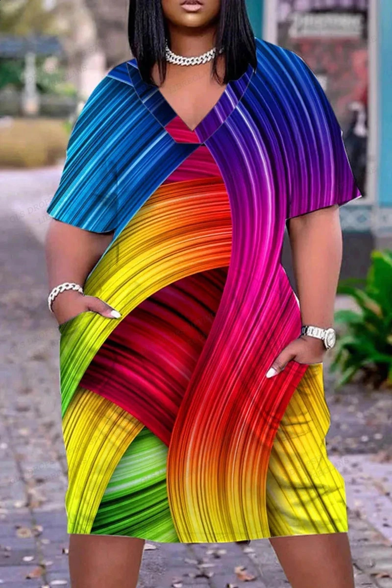 Summer fashion 3D printed dress elegant plus size womens evening casual Vneck short sleeved family pocket 250319