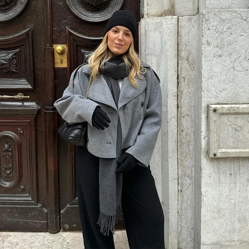 Grey double breasted synthetic wool coat for women loose collared long sleeved jacket autumn elegant casual 250319