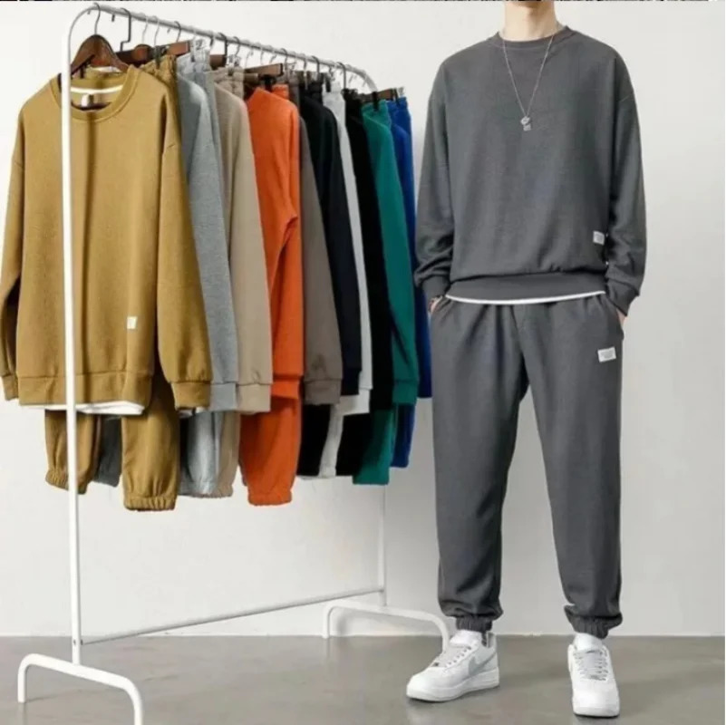 Mens Waffle Suit Sets Casual Long Sleeved Sweatshirt and Pants for Sports Tshirt Hoodie Trousers Set Loose Fit 250319