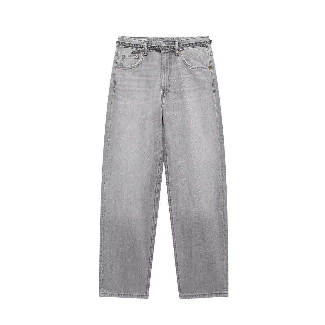 Womens Fashion Mens Denim Solid Pants Womens Belt Decoration Mid Waist Balloon Version Zipper Pocket PantsT250319