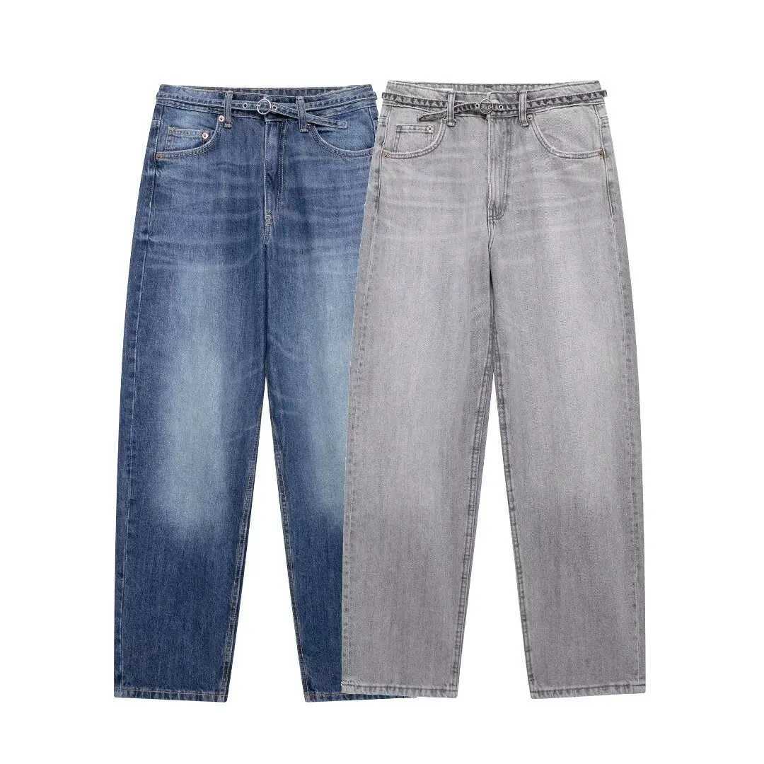 Womens Fashion Mens Denim Solid Pants Womens Belt Decoration Mid Waist Balloon Version Zipper Pocket PantsT250319
