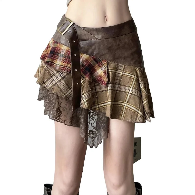 retro fashion street asymmetric women mini skirt lace striped plaid leather irregular fashion stylish skirt 250313