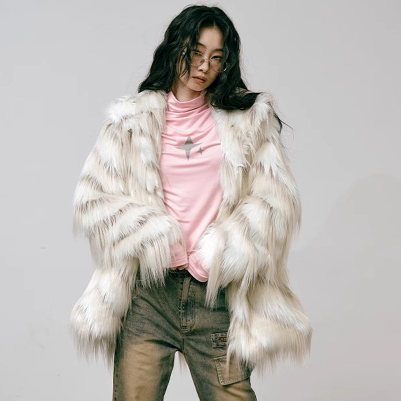 Women's coat mixed color tassel long imitation fox fur coat, women's spicy girl autumn and winter thick loose top