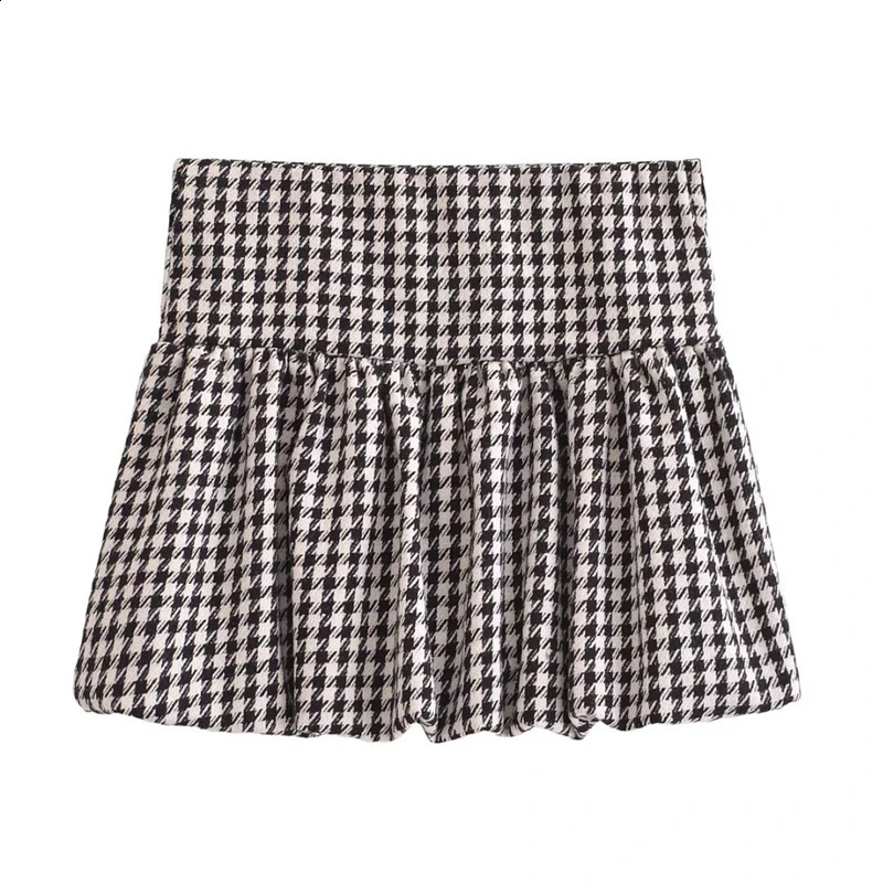 Womens Suit 2025 Houndstooth Long Sleeve Crew Neck Top Balloon Fit Mini Skirt Womens Retro Fashion Set 250318