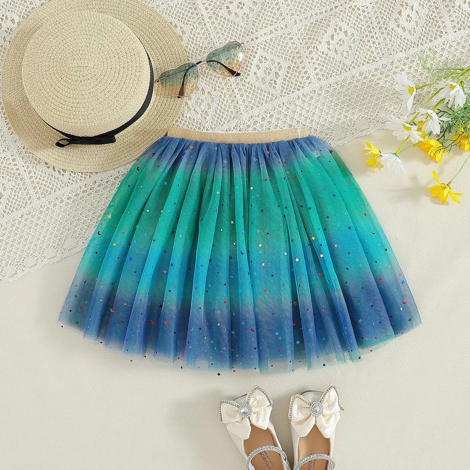 2025 Girls Tulle Star Short Rainbow Tutu Skirt Children Fancy Ballet Dancewear Party Costume Ball Gown Kids Mini Skirt 2-8Y 250319