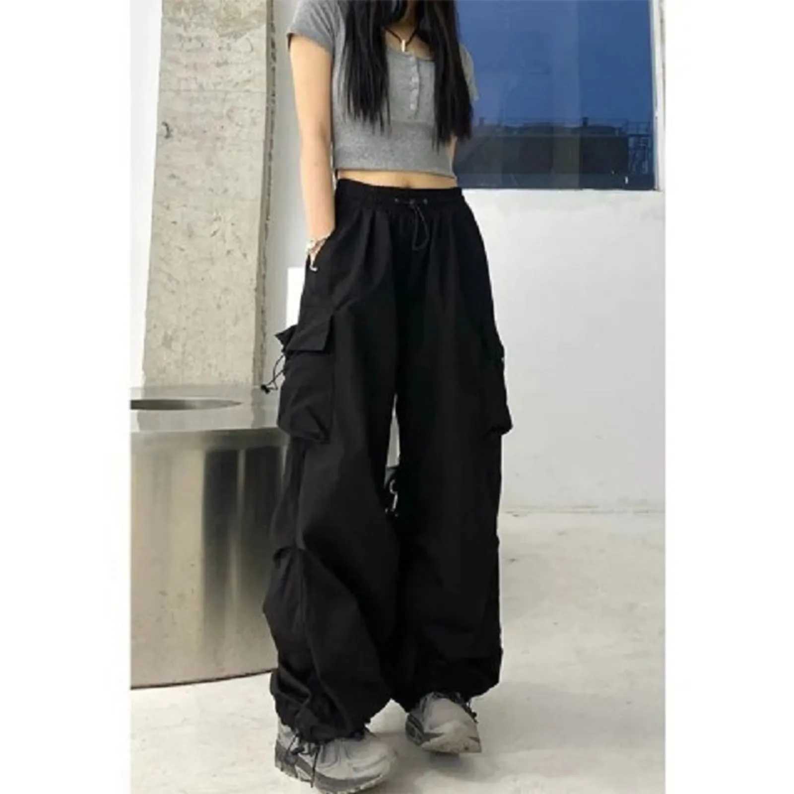 Girls Harajuku streetwear fashion straight leg pants black cool multi pocket high waist paradigm dress loose wide leg TrousersT250318