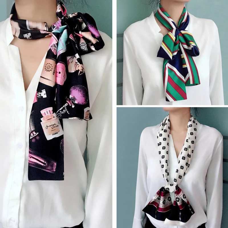 Fashion Small Long Silk Scarf For Women Satin 145X15CM Double-sided Printing Ladies Lcarves Hair Scarf Girls Belt Skinny Scarf X250319