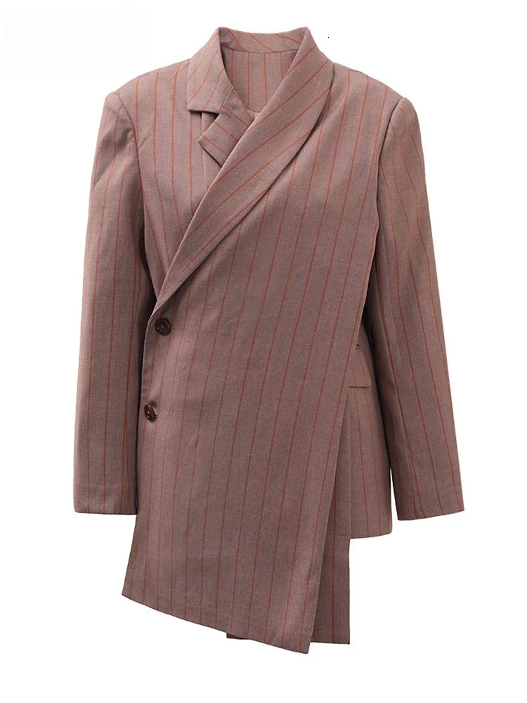 Women Brown Striped Irregular Elegant Big Size Blazer New Lapel Long Sleeve Jacket Fashion Tide Spring Autumn 2025 Cpdb202