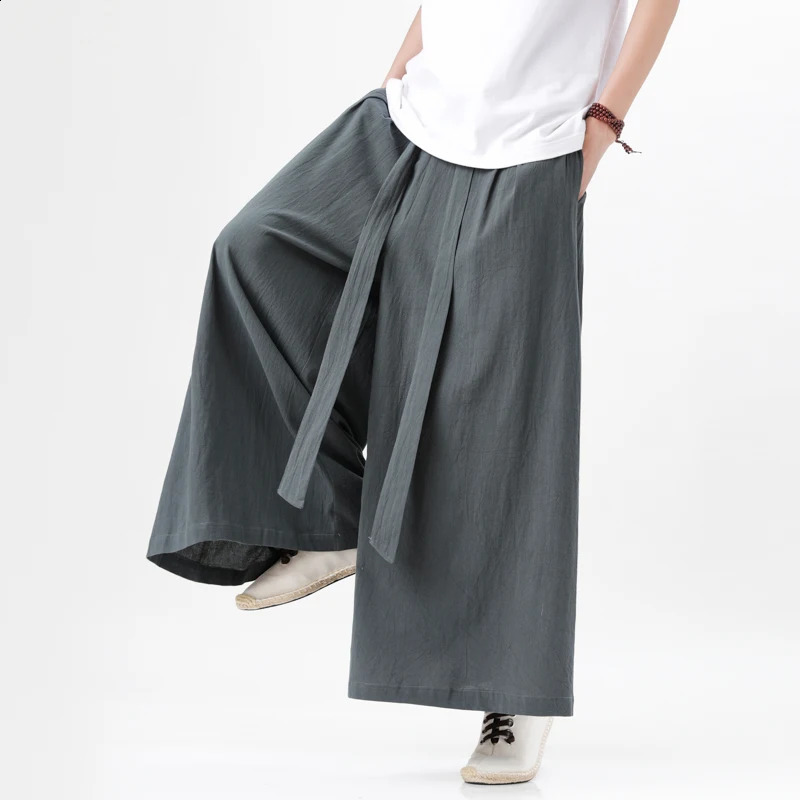 Chinese Style Harajuku Linen Cotton Linen Pants Man Japanese Kimono Pants Male Streetwear Summer Retro Wide-Leg Trousers 250317