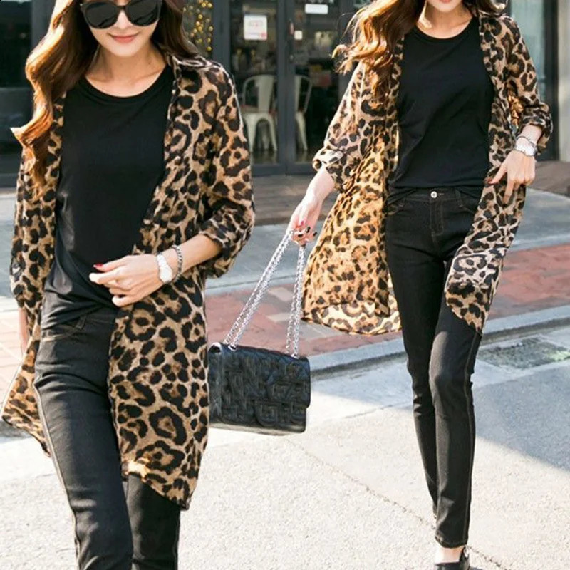 Spring and autumn leopard print cardigan womens long sleeved retro button matching casual chiffon shirt 250318