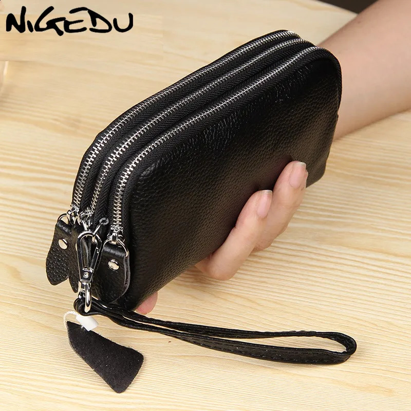 NIGEDU long womens wallet leather 3-layer zipper wrist bag large capacity womens clutch coin wallet phone bag black 250317