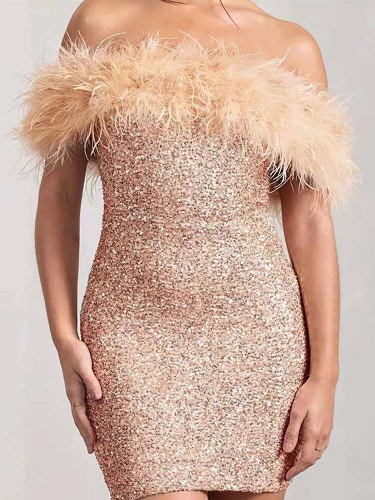 dongdumaoyi Chic Solid Feather Patchwork Women Mini Dress Elegant Sequins Off shoulder Slim Female Dress Sexy Sleeveless Lady Party Robe